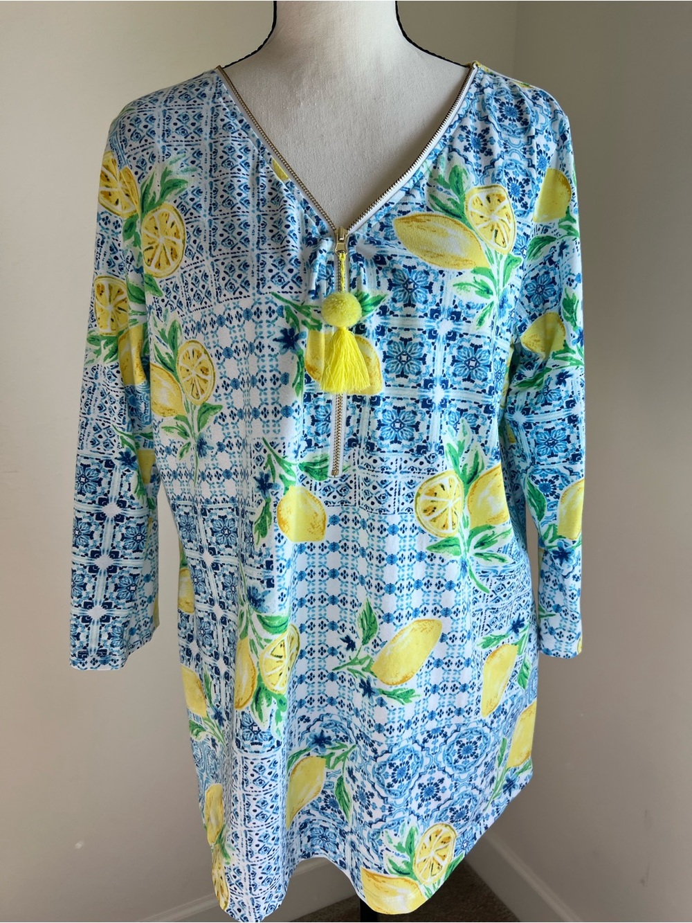 Belle by Kim Gravel Primabelle Knit Ciao Bella Tassel Zip Top Tunic Lemon Size M